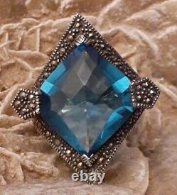 Vintage Estate Sterling Silver Faceted Blue Crystal Glass Pentagon Ring Size 8