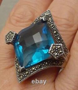 Vintage Estate Sterling Silver Faceted Blue Crystal Glass Pentagon Ring Size 8