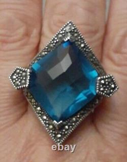 Vintage Estate Sterling Silver Faceted Blue Crystal Glass Pentagon Ring Size 8