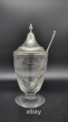 Vintage Etched Glass Federal Sugar Urn with Sterling Silver Lid & Spoon, 6 5/8