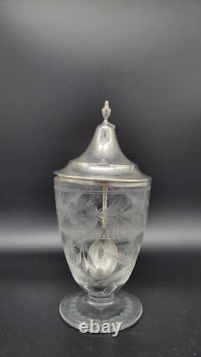 Vintage Etched Glass Federal Sugar Urn with Sterling Silver Lid & Spoon, 6 5/8