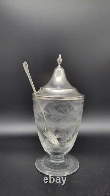 Vintage Etched Glass Federal Sugar Urn with Sterling Silver Lid & Spoon, 6 5/8