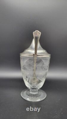 Vintage Etched Glass Federal Sugar Urn with Sterling Silver Lid & Spoon, 6 5/8
