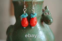Vintage Etruscan Style Persimmon Glass and Turquoise Earrings Sterling Silver