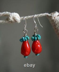 Vintage Etruscan Style Persimmon Glass and Turquoise Earrings Sterling Silver