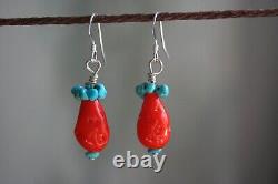 Vintage Etruscan Style Persimmon Glass and Turquoise Earrings Sterling Silver