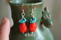 Vintage Etruscan Style Persimmon Glass and Turquoise Earrings Sterling Silver