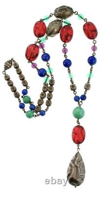 Vintage FRENCH Molded Glass Sterling Silver 925 Bead Y-Drop Necklace