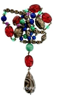 Vintage FRENCH Molded Glass Sterling Silver 925 Bead Y-Drop Necklace