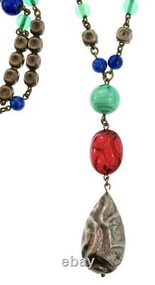 Vintage FRENCH Molded Glass Sterling Silver 925 Bead Y-Drop Necklace
