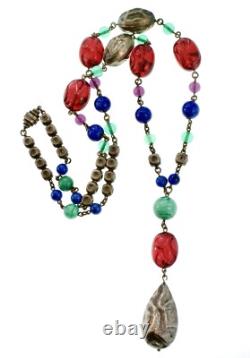Vintage FRENCH Molded Glass Sterling Silver 925 Bead Y-Drop Necklace