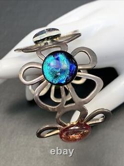 Vintage FUSED ART GLASS STERLING SILVER CUFF BRACELET DICHROIC Daisy Flower
