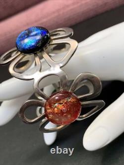Vintage FUSED ART GLASS STERLING SILVER CUFF BRACELET DICHROIC Daisy Flower
