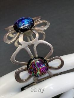 Vintage FUSED ART GLASS STERLING SILVER CUFF BRACELET DICHROIC Daisy Flower