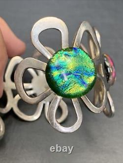 Vintage FUSED ART GLASS STERLING SILVER CUFF BRACELET DICHROIC Daisy Flower