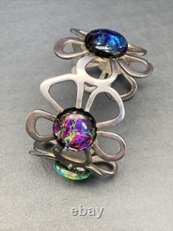 Vintage FUSED ART GLASS STERLING SILVER CUFF BRACELET DICHROIC Daisy Flower