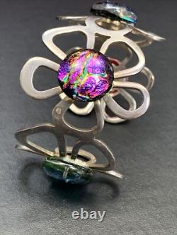Vintage FUSED ART GLASS STERLING SILVER CUFF BRACELET DICHROIC Daisy Flower