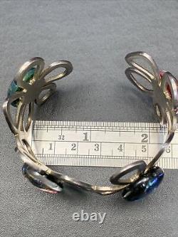 Vintage FUSED ART GLASS STERLING SILVER CUFF BRACELET DICHROIC Daisy Flower