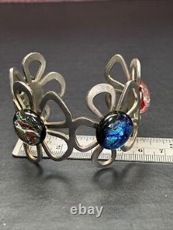 Vintage FUSED ART GLASS STERLING SILVER CUFF BRACELET DICHROIC Daisy Flower