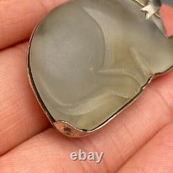 Vintage Frost Glass Cat Sterling Silver Pin Brooch