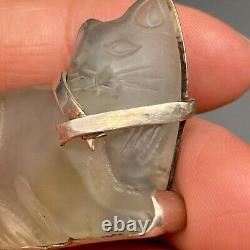 Vintage Frost Glass Cat Sterling Silver Pin Brooch