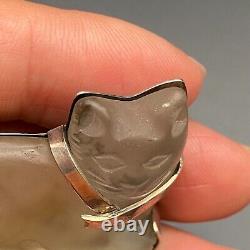 Vintage Frost Glass Cat Sterling Silver Pin Brooch