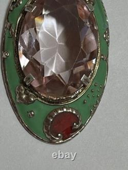 Vintage German Art Deco Sterling Silver Gilt Enamel Glass Pendant