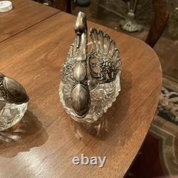 Vintage Glass Swan Salt Cellar Dish with Sterling Silver Wings Pair, Set Of 2