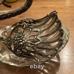 Vintage Glass Swan Salt Cellar Dish with Sterling Silver Wings Pair, Set Of 2