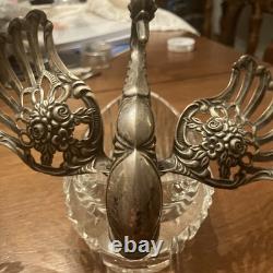 Vintage Glass Swan Salt Cellar Dish with Sterling Silver Wings Pair, Set Of 2