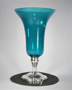 Vintage Gorham Sterling Silver Blue Turquoise Teal Glass Trumpet Vase #3104