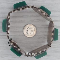 Vintage Green Glass Panel Statement Bracelet Sterling Silver 7