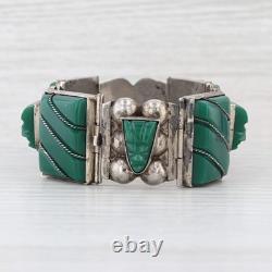 Vintage Green Glass Sterling Silver Mexico 7 Carved Tibal Faces Statement
