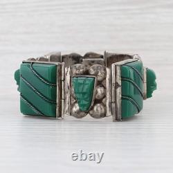 Vintage Green Glass Sterling Silver Mexico 7 Carved Tibal Faces Statement