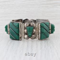 Vintage Green Glass Sterling Silver Mexico 7 Carved Tibal Faces Statement