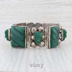 Vintage Green Glass Sterling Silver Mexico 7 Carved Tibal Faces Statement