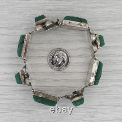 Vintage Green Glass Sterling Silver Mexico 7 Carved Tibal Faces Statement