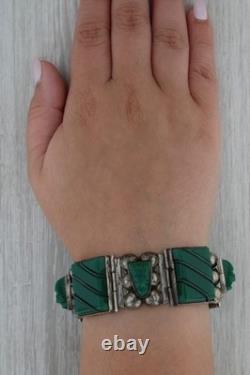 Vintage Green Glass Sterling Silver Mexico 7 Carved Tibal Faces Statement
