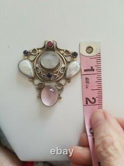 Vintage HEMMEL Multi stone and Sterling AND 14k, glass MOON FACE Pendant, WOW