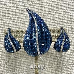 Vintage HE Sterling Silver Blue Glass invisible set Pin Brooch Earrings