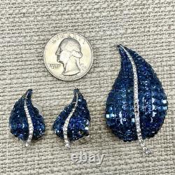 Vintage HE Sterling Silver Blue Glass invisible set Pin Brooch Earrings