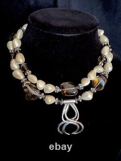 Vintage Handmade Sterling Silver 925 Pearl Smoke Glass Double Strand Necklace