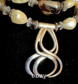 Vintage Handmade Sterling Silver 925 Pearl Smoke Glass Double Strand Necklace