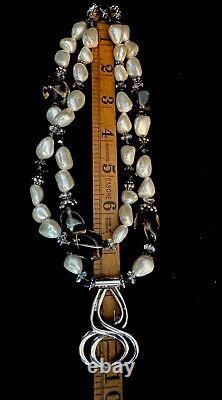 Vintage Handmade Sterling Silver 925 Pearl Smoke Glass Double Strand Necklace