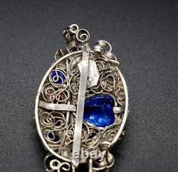 Vintage Hobe Sterling Silver Heart Brooch Pin with Blue Glass Crystals 1940s
