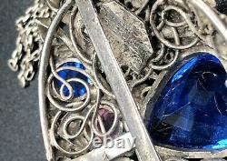 Vintage Hobe Sterling Silver Heart Brooch Pin with Blue Glass Crystals 1940s