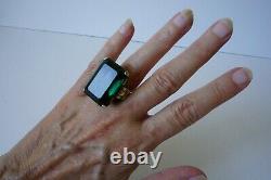 Vintage Huge Sterling Cocktail Emerald Cut Green Glass Ring Art Deco