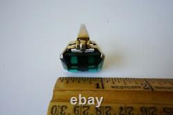 Vintage Huge Sterling Cocktail Emerald Cut Green Glass Ring Art Deco