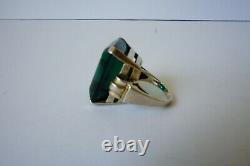 Vintage Huge Sterling Cocktail Emerald Cut Green Glass Ring Art Deco