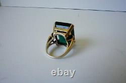 Vintage Huge Sterling Cocktail Emerald Cut Green Glass Ring Art Deco